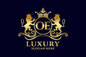 Initial OE Letter Lion Royal Luxury Logo template in vector art for luxurious branding projects and other vector illustration.