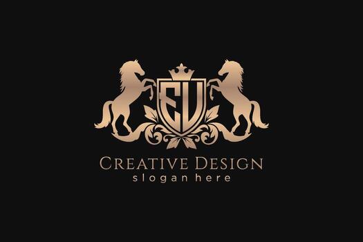 initial EU Retro golden crest with shield and two horses, badge template with scrolls and royal crown - perfect for luxurious branding projects vector