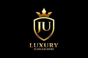 initial JU elegant luxury monogram logo or badge template with scrolls and royal crown - perfect for luxurious branding projects vector