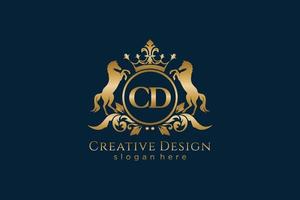 initial CD Retro golden crest with circle and two horses, badge template with scrolls and royal crown - perfect for luxurious branding projects vector