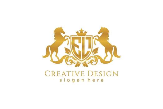 initial EL Retro golden crest with shield and two horses, badge template with scrolls and royal crown - perfect for luxurious branding projects vector