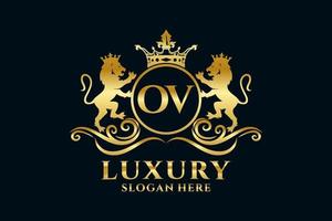 Initial OV Letter Lion Royal Luxury Logo template in vector art for luxurious branding projects and other vector illustration.