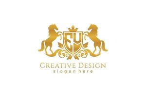 initial EV Retro golden crest with shield and two horses, badge template with scrolls and royal crown - perfect for luxurious branding projects vector