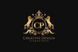 initial CP Retro golden crest with circle and two horses, badge template with scrolls and royal crown - perfect for luxurious branding projects vector