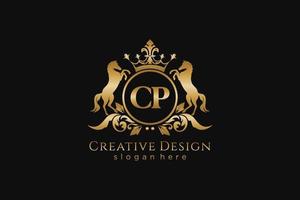 initial CP Retro golden crest with circle and two horses, badge template with scrolls and royal crown - perfect for luxurious branding projects vector