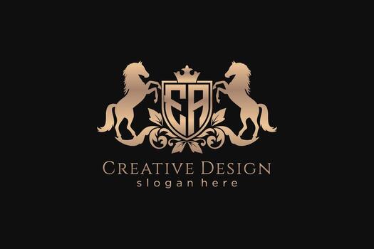 initial EA Retro golden crest with shield and two horses, badge template with scrolls and royal crown - perfect for luxurious branding projects vector