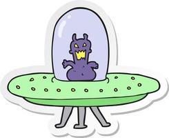 sticker of a cartoon alien in flying saucer vector