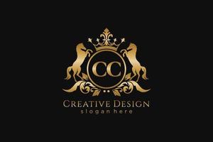 initial CC Retro golden crest with circle and two horses, badge template with scrolls and royal crown - perfect for luxurious branding projects vector