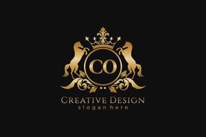 initial CO Retro golden crest with circle and two horses, badge template with scrolls and royal crown - perfect for luxurious branding projects vector