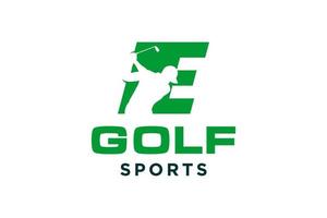 logotipo de icono de letra del alfabeto e para plantilla de vector de diseño de logotipo de golf, etiqueta vectorial de golf, logotipo de campeonato de golf, ilustración, icono creativo, concepto de diseño