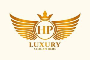 letra de ala real de lujo hp cresta vector de logotipo de color dorado, logotipo de victoria, logotipo de cresta, logotipo de ala, plantilla de logotipo vectorial.