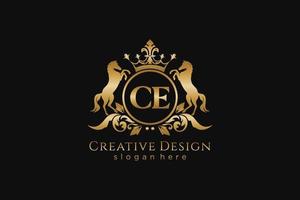 initial CE Retro golden crest with circle and two horses, badge template with scrolls and royal crown - perfect for luxurious branding projects vector