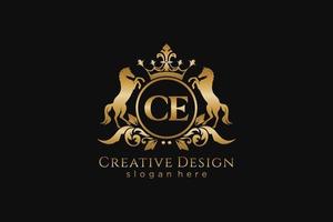 initial CE Retro golden crest with circle and two horses, badge template with scrolls and royal crown - perfect for luxurious branding projects vector