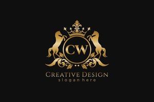 initial CW Retro golden crest with circle and two horses, badge template with scrolls and royal crown - perfect for luxurious branding projects vector