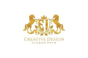 initial EI Retro golden crest with shield and two horses, badge template with scrolls and royal crown - perfect for luxurious branding projects vector