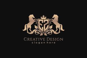 initial EZ Retro golden crest with shield and two horses, badge template with scrolls and royal crown - perfect for luxurious branding projects vector