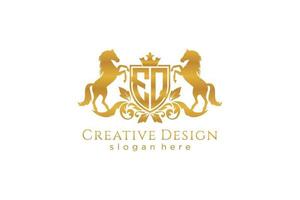 initial EQ Retro golden crest with shield and two horses, badge template with scrolls and royal crown - perfect for luxurious branding projects vector