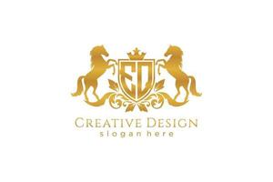 initial EQ Retro golden crest with shield and two horses, badge template with scrolls and royal crown - perfect for luxurious branding projects vector