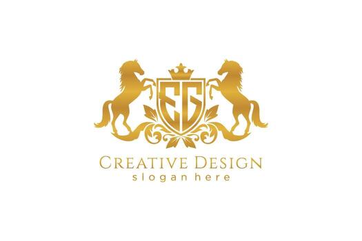 initial EG Retro golden crest with shield and two horses, badge template with scrolls and royal crown - perfect for luxurious branding projects vector