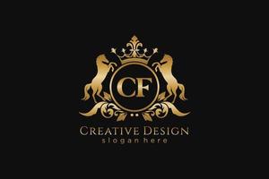 initial CF Retro golden crest with circle and two horses, badge template with scrolls and royal crown - perfect for luxurious branding projects vector