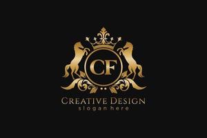 initial CF Retro golden crest with circle and two horses, badge template with scrolls and royal crown - perfect for luxurious branding projects vector