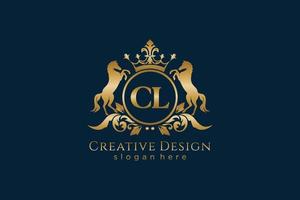 initial CL Retro golden crest with circle and two horses, badge template with scrolls and royal crown - perfect for luxurious branding projects vector