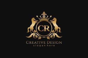 initial CR Retro golden crest with circle and two horses, badge template with scrolls and royal crown - perfect for luxurious branding projects vector