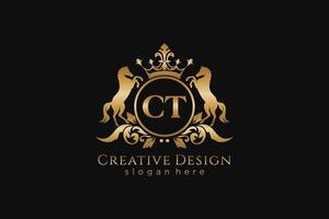 initial CT Retro golden crest with circle and two horses, badge template with scrolls and royal crown - perfect for luxurious branding projects vector