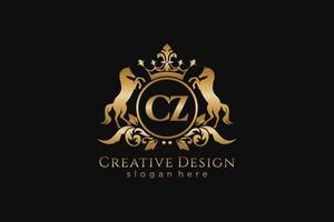 initial CZ Retro golden crest with circle and two horses, badge template with scrolls and royal crown - perfect for luxurious branding projects vector