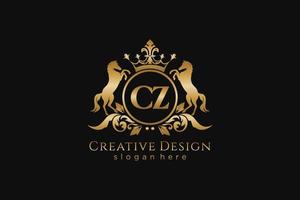 initial CZ Retro golden crest with circle and two horses, badge template with scrolls and royal crown - perfect for luxurious branding projects vector