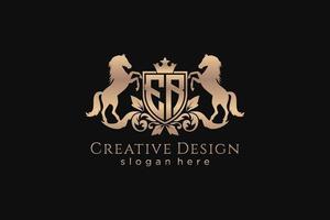 initial ER Retro golden crest with shield and two horses, badge template with scrolls and royal crown - perfect for luxurious branding projects vector