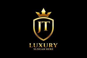 initial JT elegant luxury monogram logo or badge template with scrolls and royal crown - perfect for luxurious branding projects vector