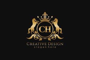 initial CH Retro golden crest with circle and two horses, badge template with scrolls and royal crown - perfect for luxurious branding projects vector