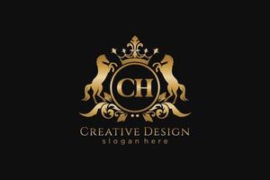 initial CH Retro golden crest with circle and two horses, badge template with scrolls and royal crown - perfect for luxurious branding projects vector