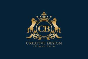 initial CB Retro golden crest with circle and two horses, badge template with scrolls and royal crown - perfect for luxurious branding projects vector