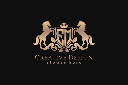 initial EM Retro golden crest with shield and two horses, badge template with scrolls and royal crown - perfect for luxurious branding projects vector