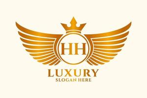 letra de ala real de lujo hh vector de logotipo de color dorado, logotipo de victoria, logotipo de cresta, logotipo de ala, plantilla de logotipo vectorial.