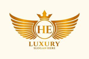 Luxury royal wing Letter HE crest Gold color Logo vector, Victory logo, crest logo, wing logo, vector logo template.