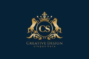 initial CS Retro golden crest with circle and two horses, badge template with scrolls and royal crown - perfect for luxurious branding projects vector