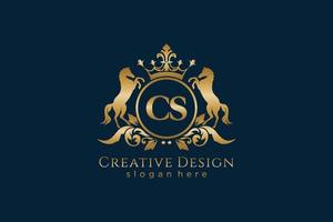 initial CS Retro golden crest with circle and two horses, badge template with scrolls and royal crown - perfect for luxurious branding projects vector