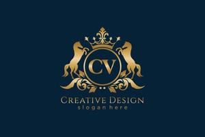 initial CV Retro golden crest with circle and two horses, badge template with scrolls and royal crown - perfect for luxurious branding projects vector