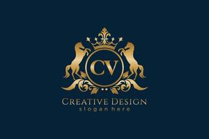 cresta de oro retro cv inicial con círculo y dos caballos, plantilla de insignia con pergaminos y corona real - perfecto para proyectos de marca de lujo vector