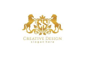 initial ES Retro golden crest with shield and two horses, badge template with scrolls and royal crown - perfect for luxurious branding projects vector