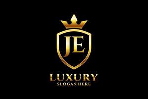 initial JE elegant luxury monogram logo or badge template with scrolls and royal crown - perfect for luxurious branding projects vector