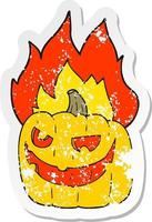 retro distressed sticker of a cartoon flaming halloween pumpkin vector