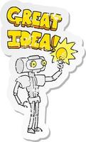 retro distressed sticker of a cartoon robot with great idea vector