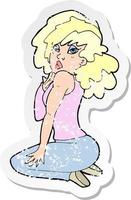 pegatina retro angustiada de una mujer de dibujos animados posando vector