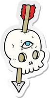 sticker of a cartoon magic skull with arrow through brain vector