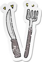 pegatina retro angustiada de un cuchillo y un tenedor de dibujos animados vector