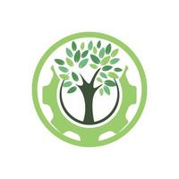 Gear tree vector logo design template. Modern nature technology logo. Green eco tech and industry logo concept.